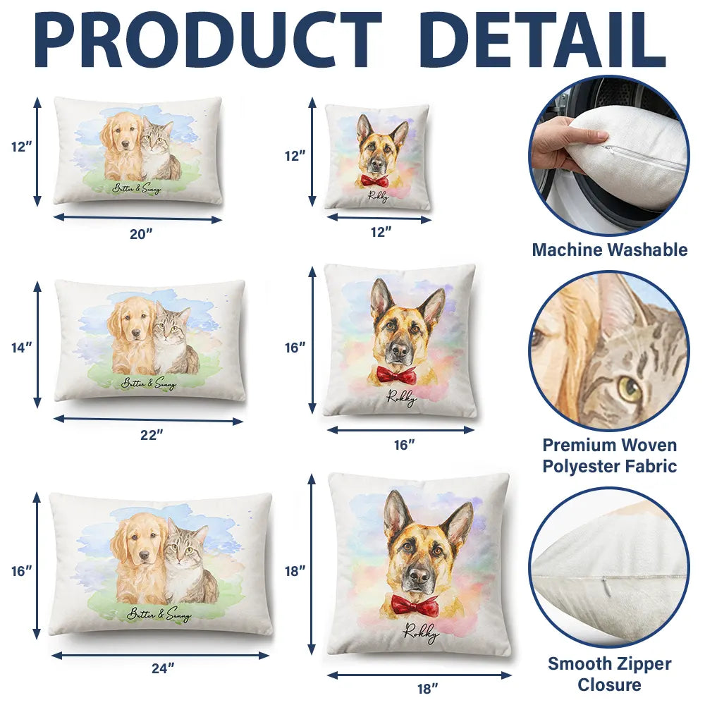 Custom Photo Realistic Watercolor Art Portrait Cat Dog Pet - Personalized Pillow