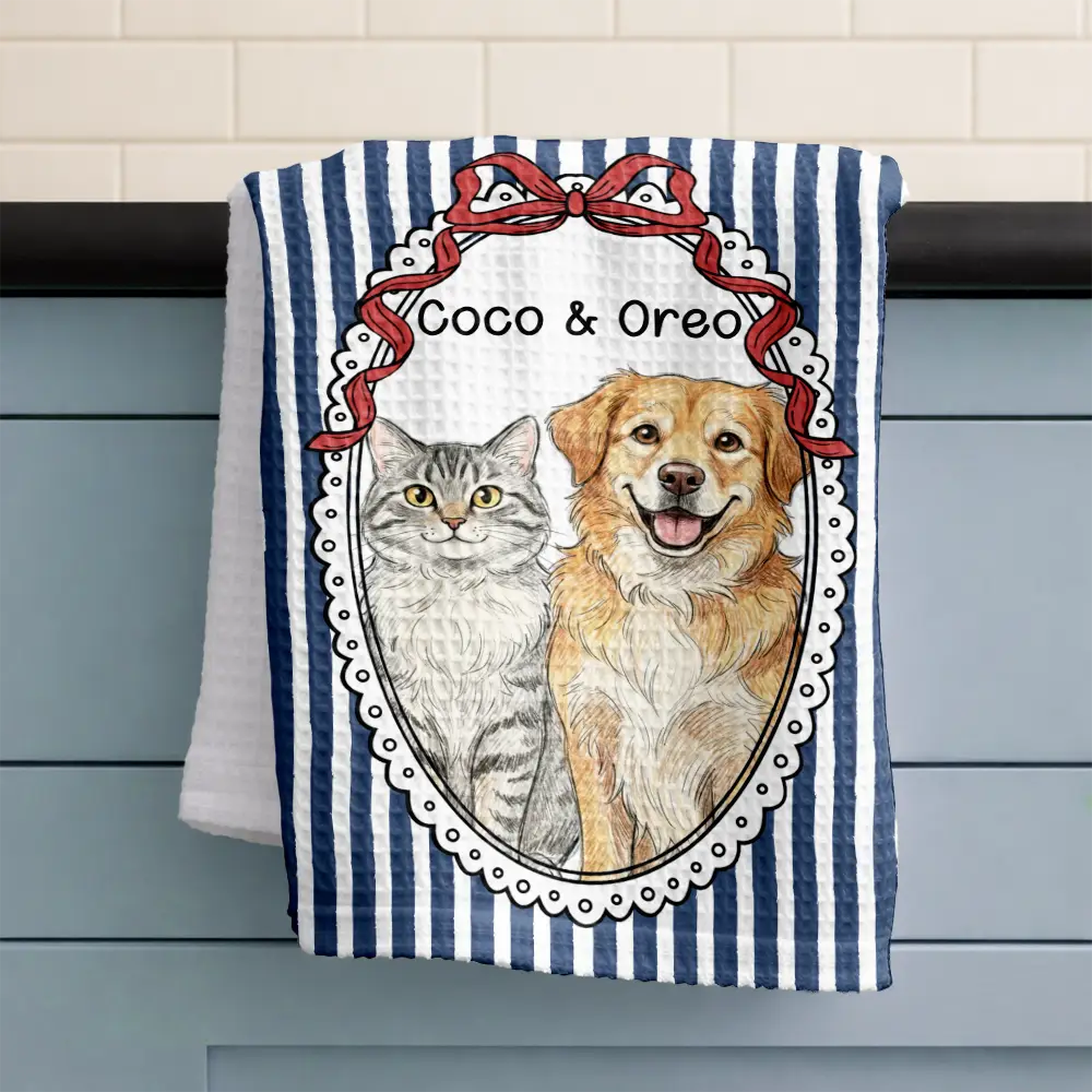 Custom Photo Colored Pencil Sketch Vintage Dog Cat Pet - Personalized Kitchen Towel