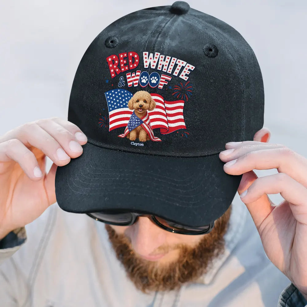 Custom Photo 3D Cartoon With US Accessories Red White Woof - Personalized Vintage Washed Denim Cap