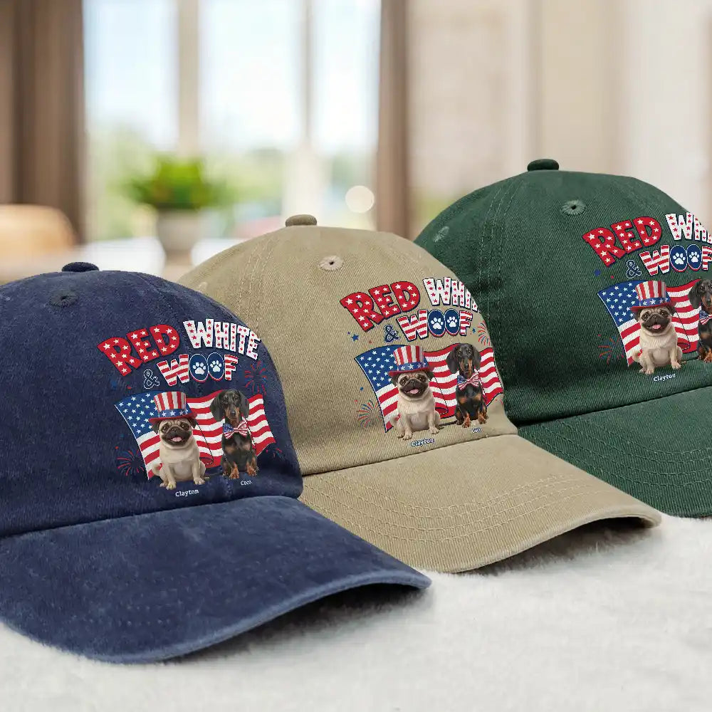 Custom Photo 3D Cartoon With US Accessories Red White Woof - Personalized Vintage Washed Denim Cap