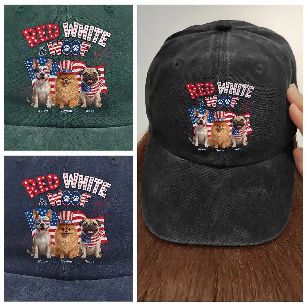 Custom Photo 3D Cartoon With US Accessories Red White Woof - Personalized Vintage Washed Denim Cap