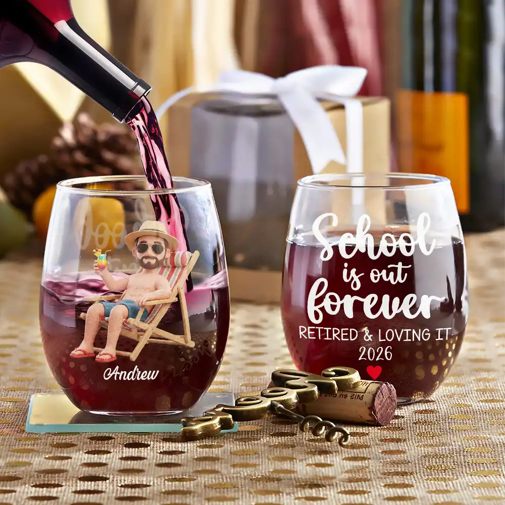 Custom Photo 3D Summer Concept School Is Out Forever Retired And Loving It - Personalized Stemless Wine Glass