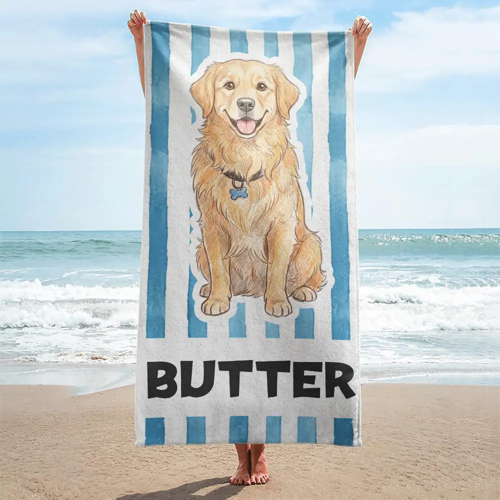 Custom Photo Colored Pencil Sketch Poolside Beach Vacation Dog Cat - Personalized Beach Towel
