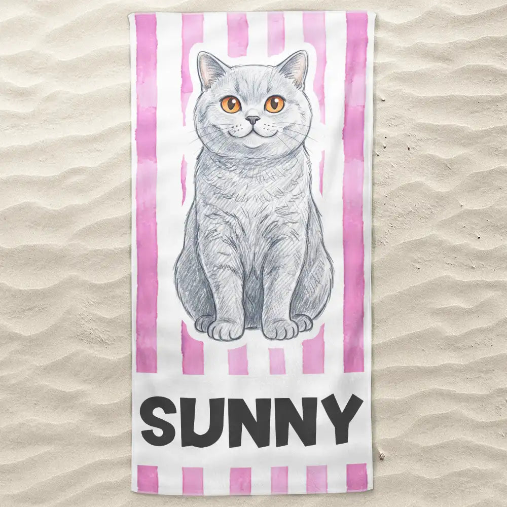 Custom Photo Colored Pencil Sketch Poolside Beach Vacation Dog Cat - Personalized Beach Towel