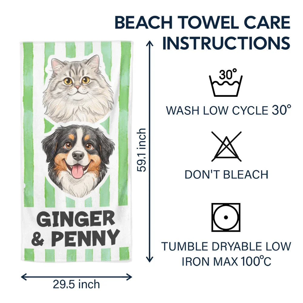 Custom Photo Colored Pencil Sketch Poolside Beach Vacation Dog Cat - Personalized Beach Towel