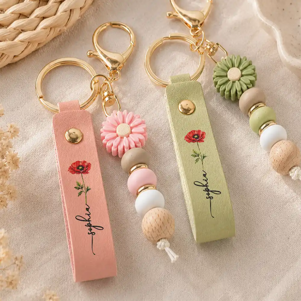 Birth Month Flower With Name - Personalized Leather Beaded Keychain