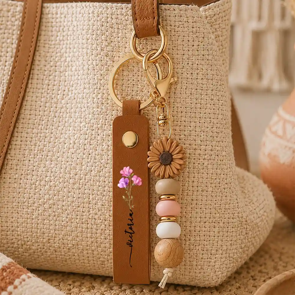 Birth Month Flower With Name - Personalized Leather Beaded Keychain