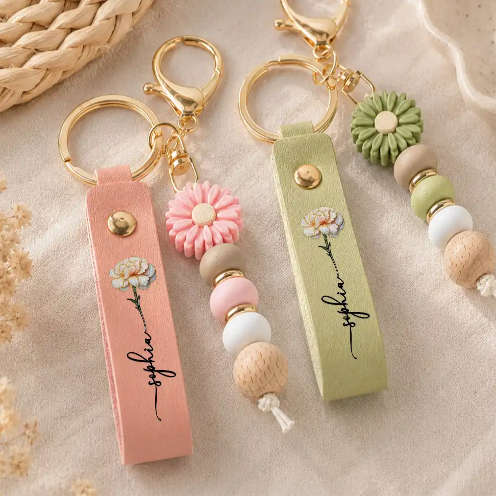 Nacre Effect Birth Flower With Name - Personalized Leather Beaded Keychain
