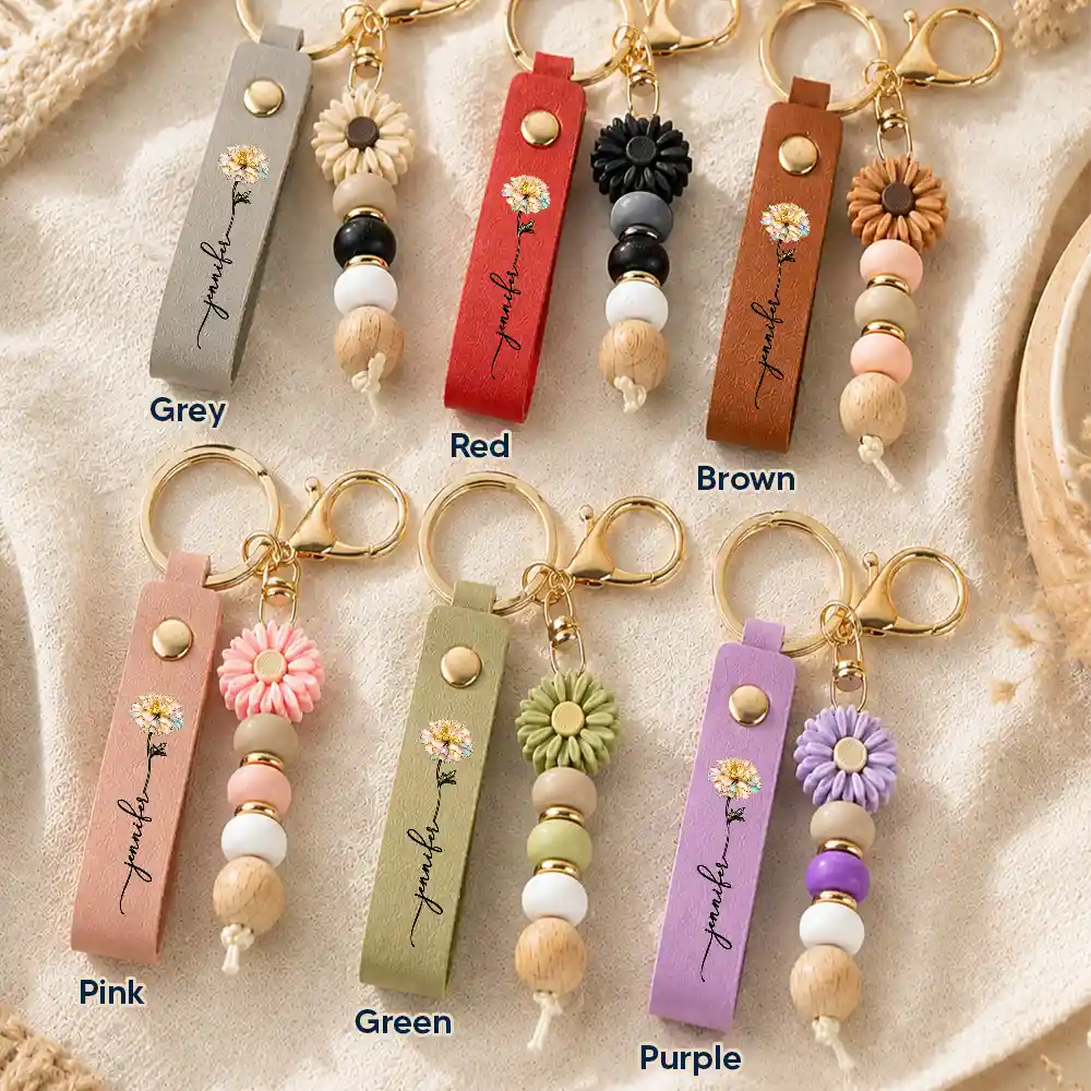Nacre Effect Birth Flower With Name - Personalized Leather Beaded Keychain