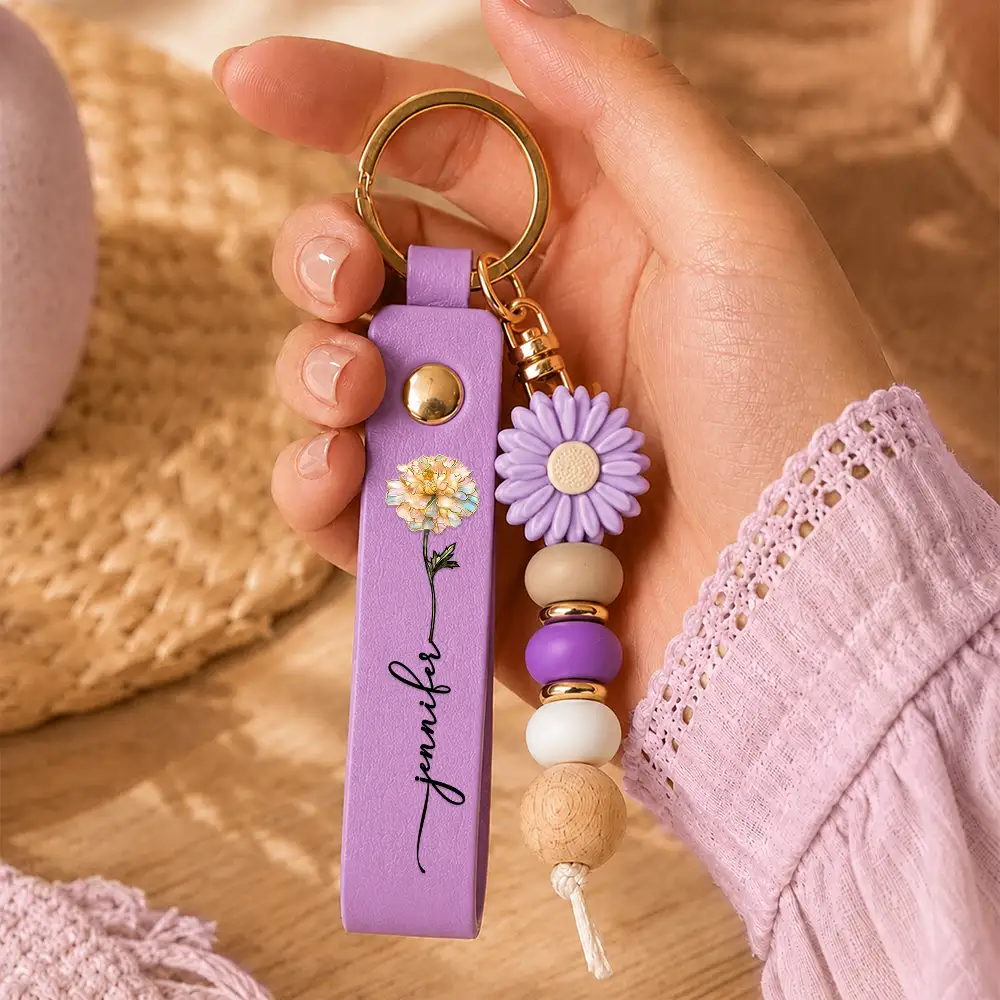 Nacre Effect Birth Flower With Name - Personalized Leather Beaded Keychain