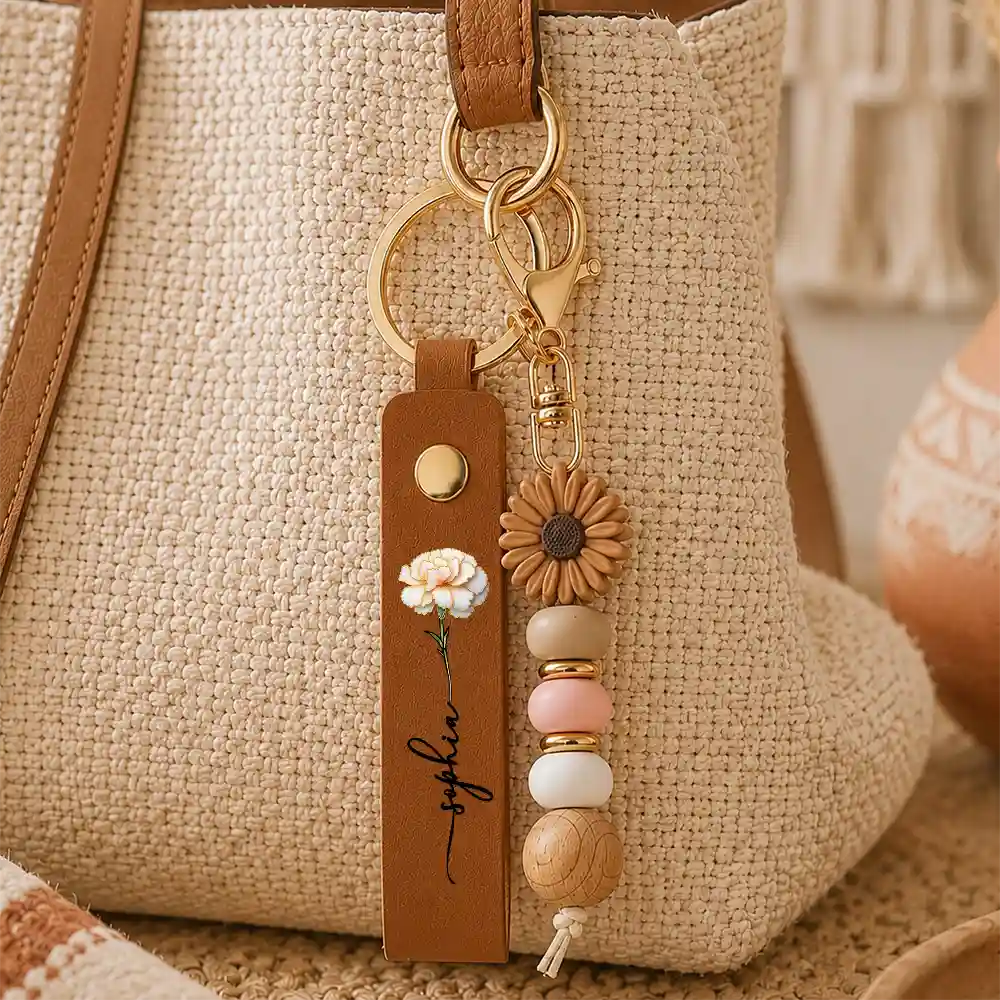 Nacre Effect Birth Flower With Name - Personalized Leather Beaded Keychain