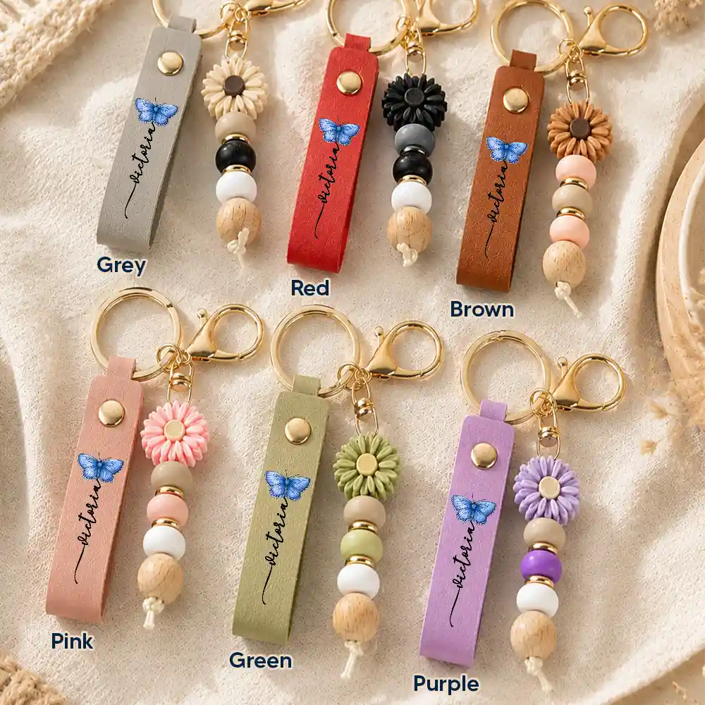Colorful Butterflies And Name - Personalized Leather Beaded Keychain