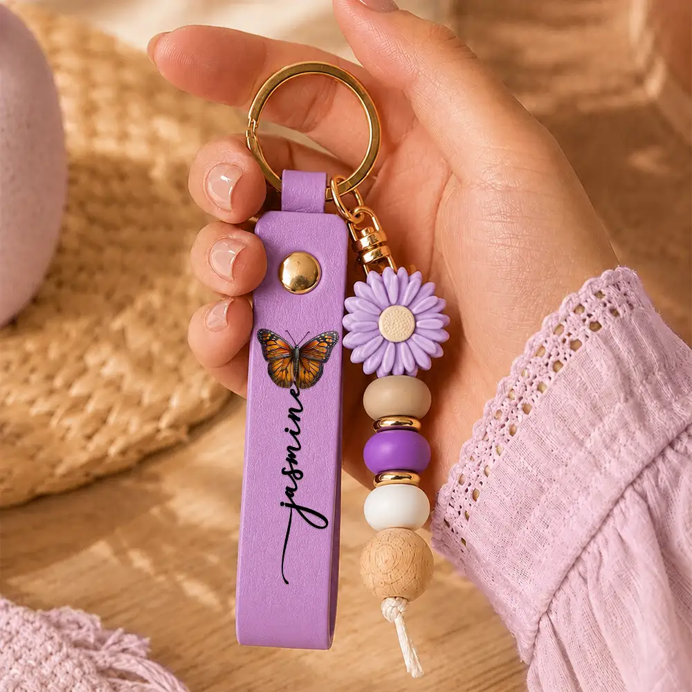 Colorful Butterflies And Name - Personalized Leather Beaded Keychain