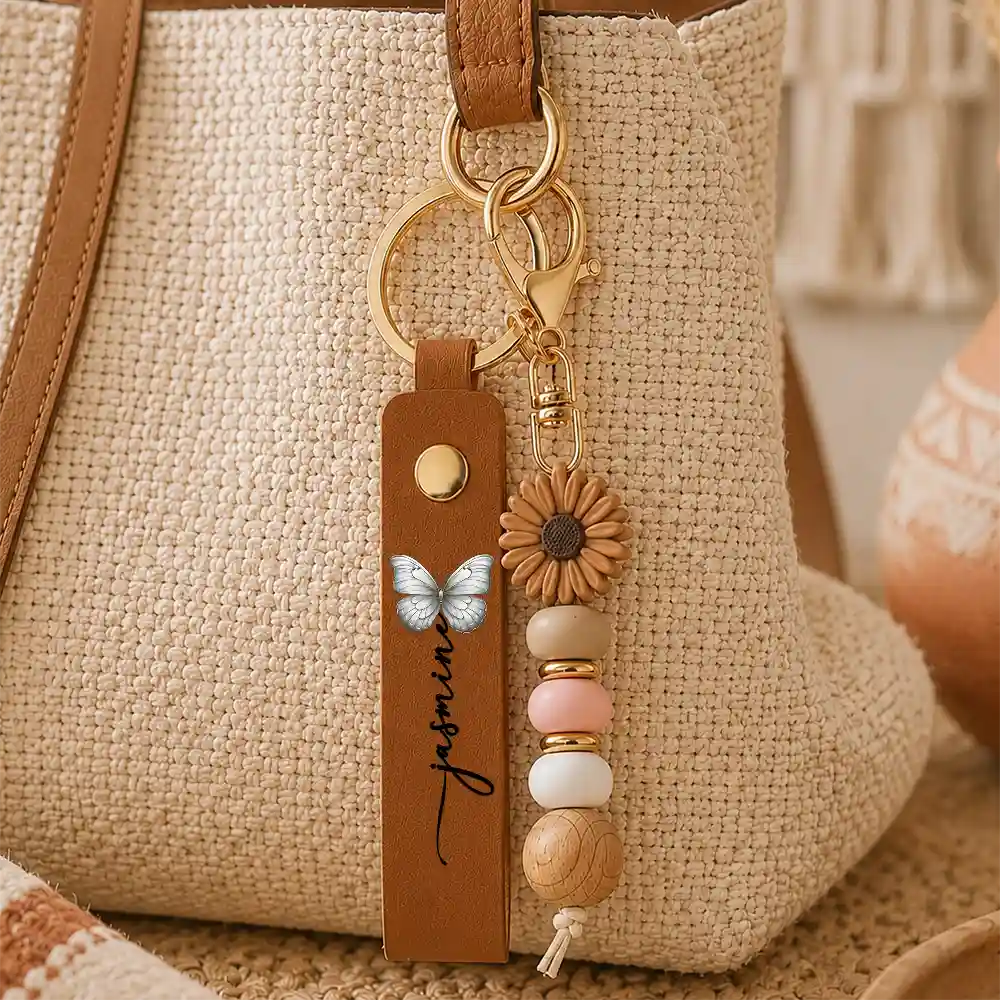 Colorful Butterflies And Name - Personalized Leather Beaded Keychain