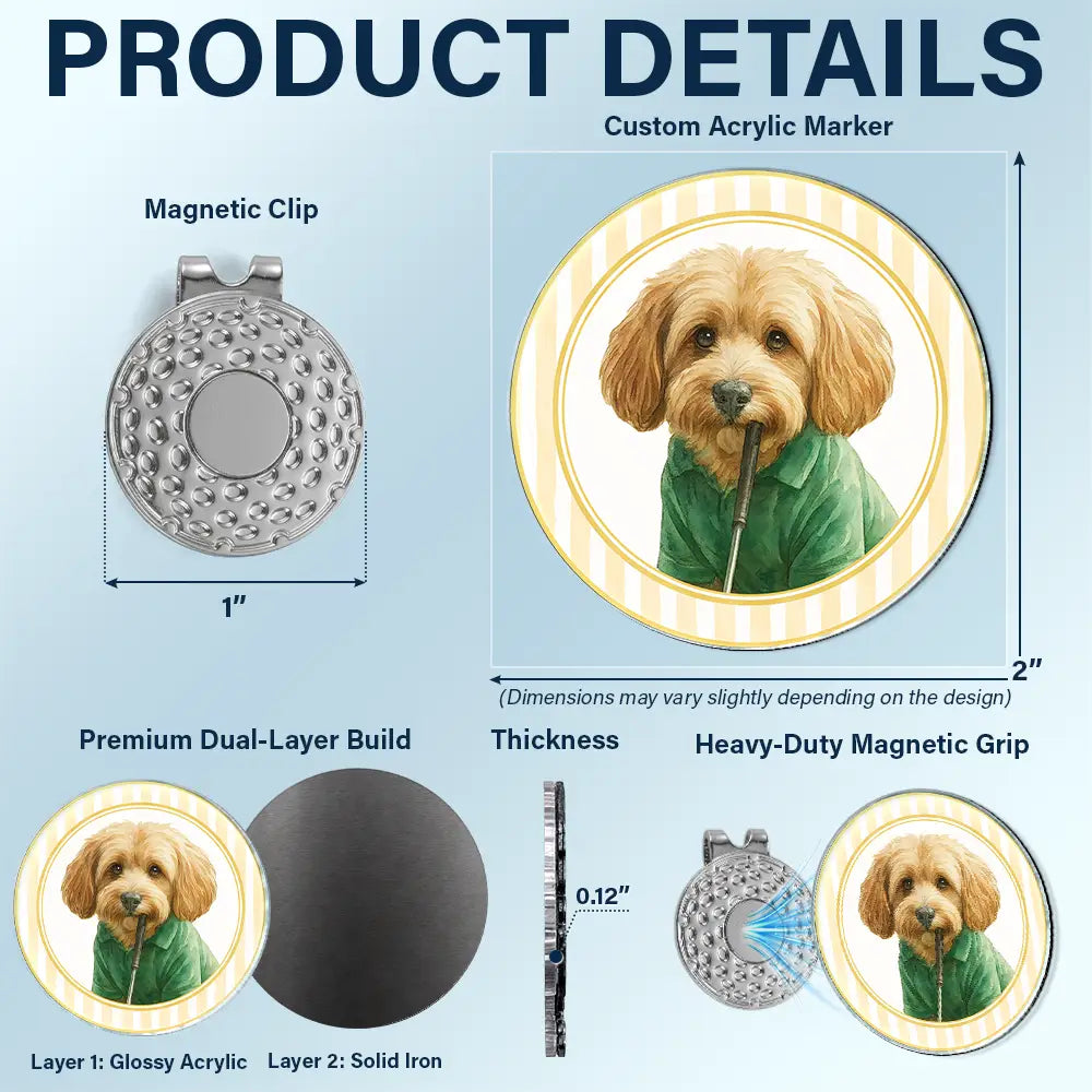 Custom Photo Realistic Watercolor Art Dog Cat Pet Kid Portrait Vintage Golf Ball Marker - Personalized Acrylic Magnetic Clip