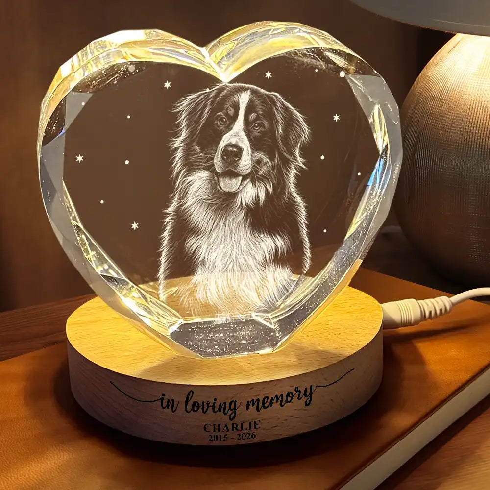 Custom Photo White Pencil Sketch Art Forever Loved Memorial Dog Cat - Personalized Crystal Heart Shaped Lamp