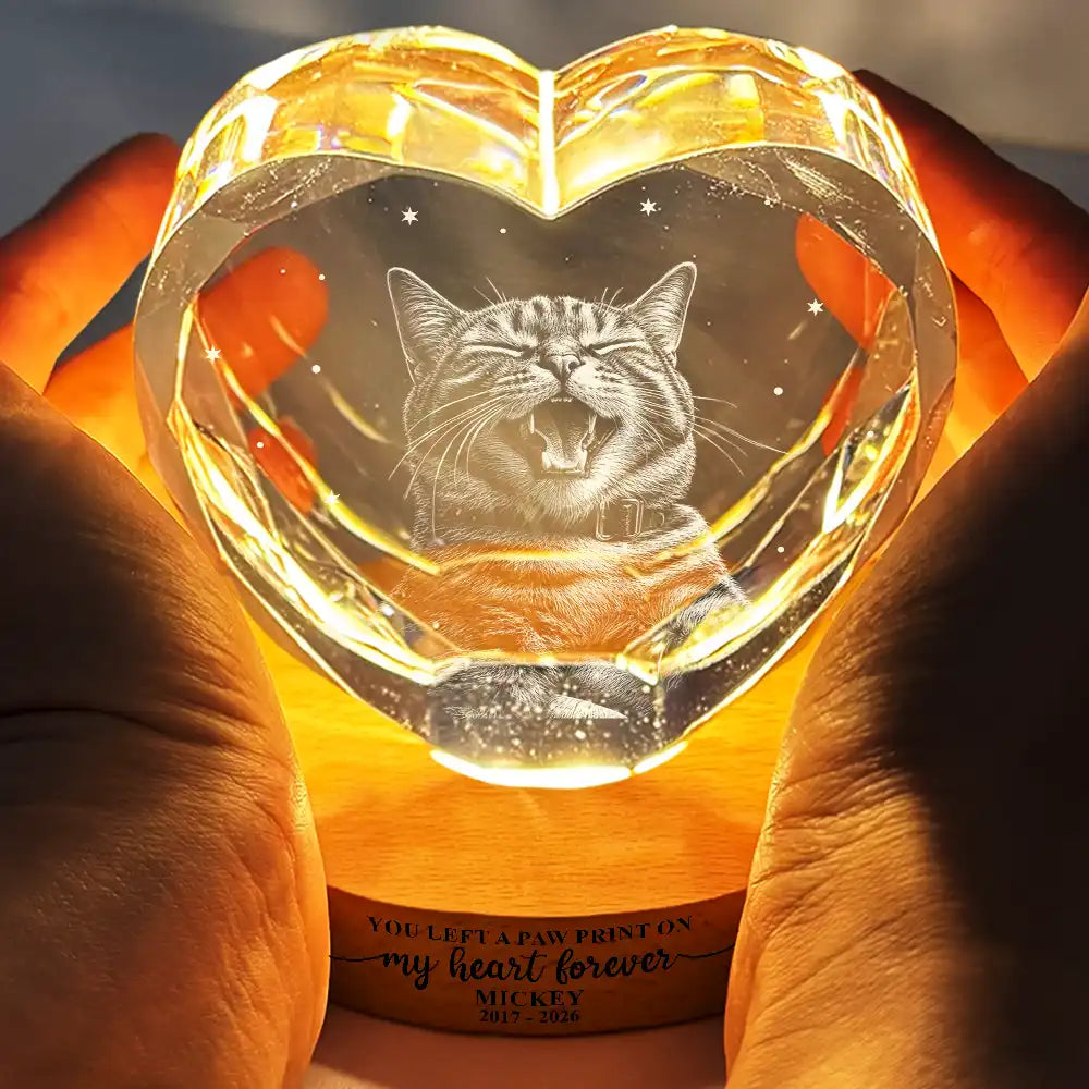 Custom Photo White Pencil Sketch Art Forever Loved Memorial Dog Cat - Personalized Crystal Heart Shaped Lamp