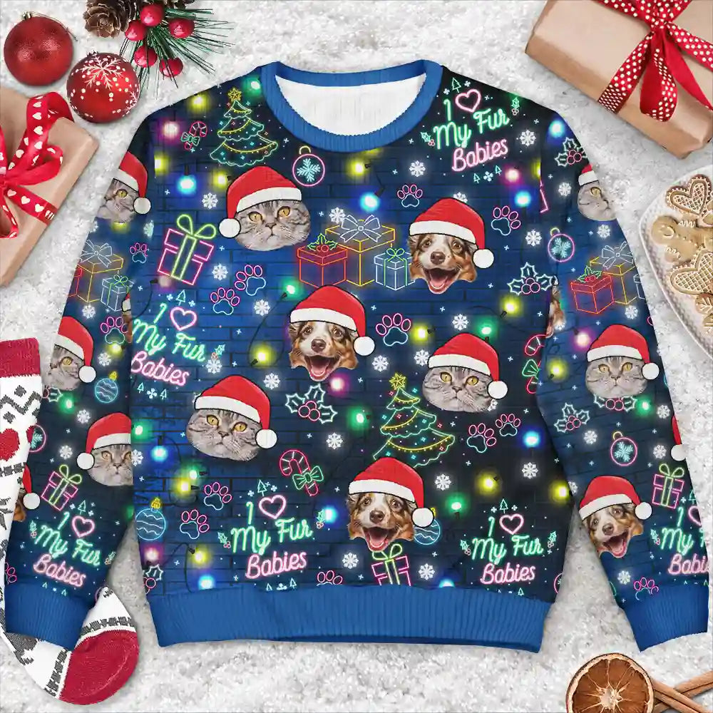 Custom Photo I Love My Dog Cat Pet Neon Christmas Light Style - Personalized Unisex Ugly Sweater