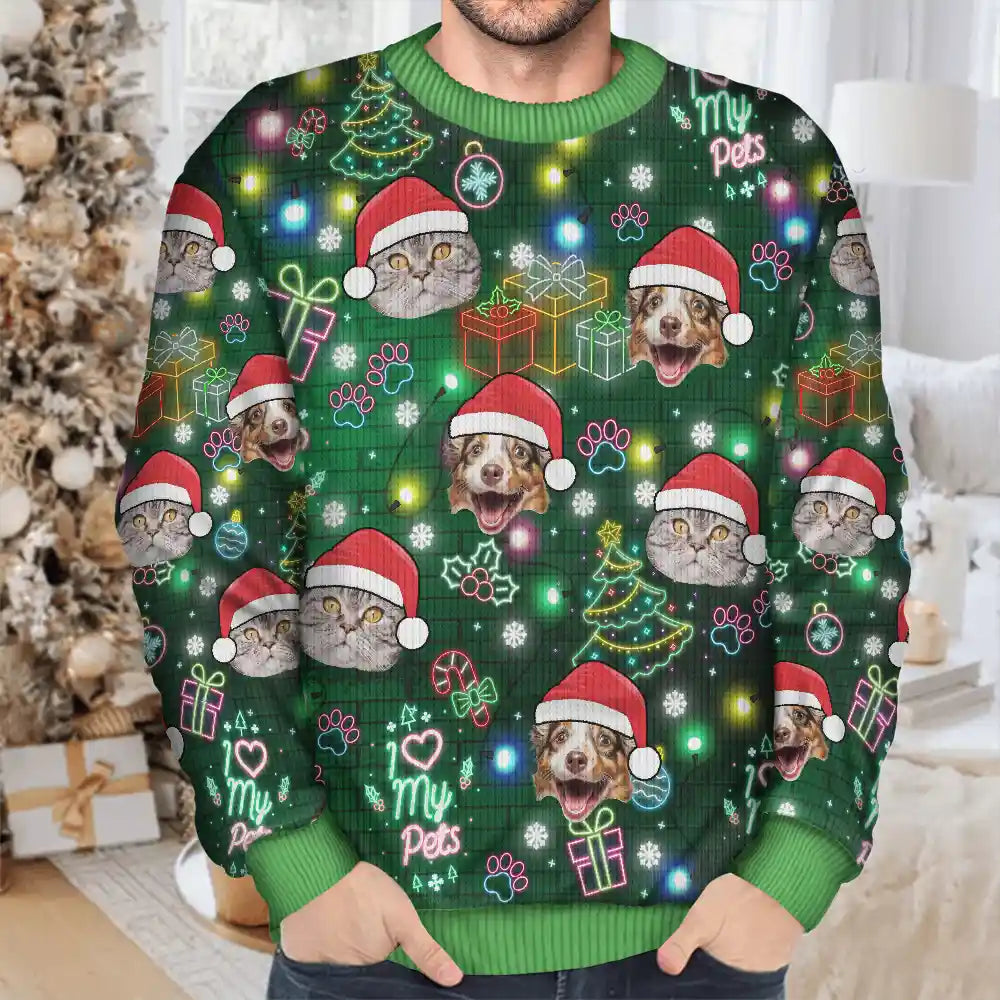 Custom Photo I Love My Dog Cat Pet Neon Christmas Light Style - Personalized Unisex Ugly Sweater