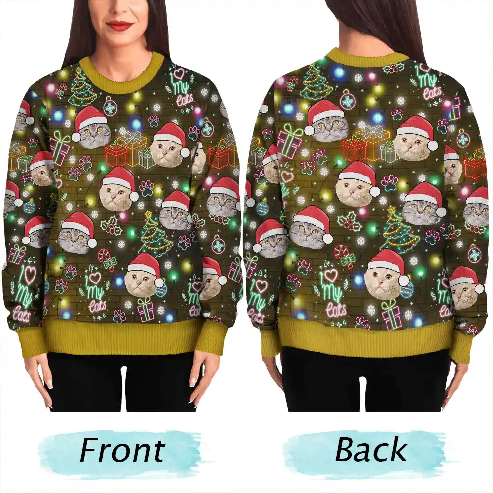Custom Photo I Love My Dog Cat Pet Neon Christmas Light Style - Personalized Unisex Ugly Sweater