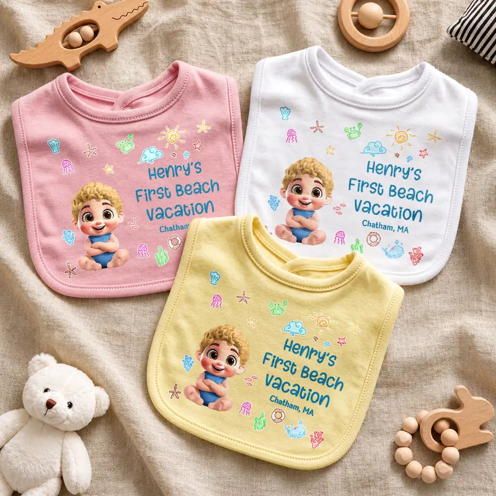 Baby First Beach Summer Vacation - Personalized Baby Bib