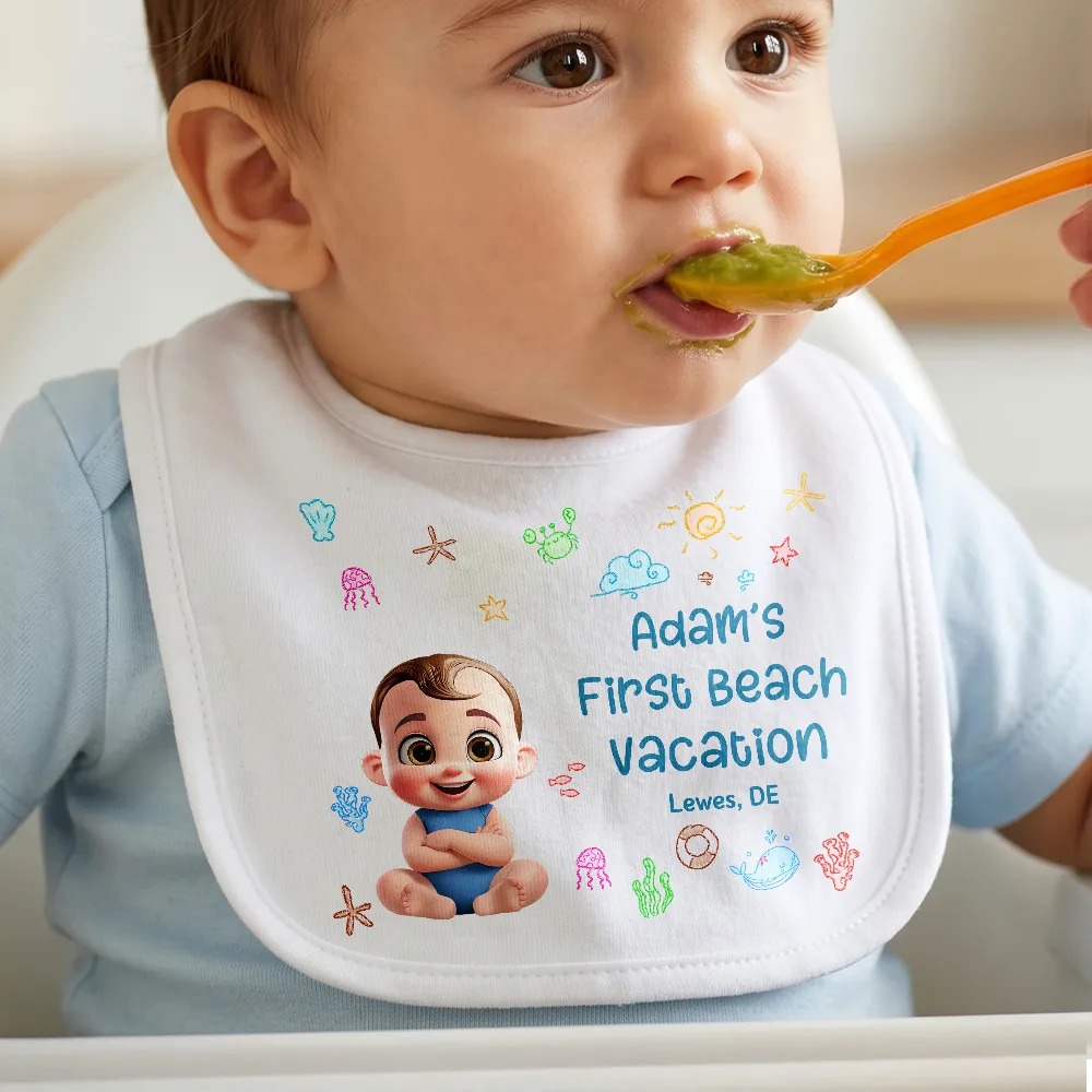 Baby First Beach Summer Vacation - Personalized Baby Bib