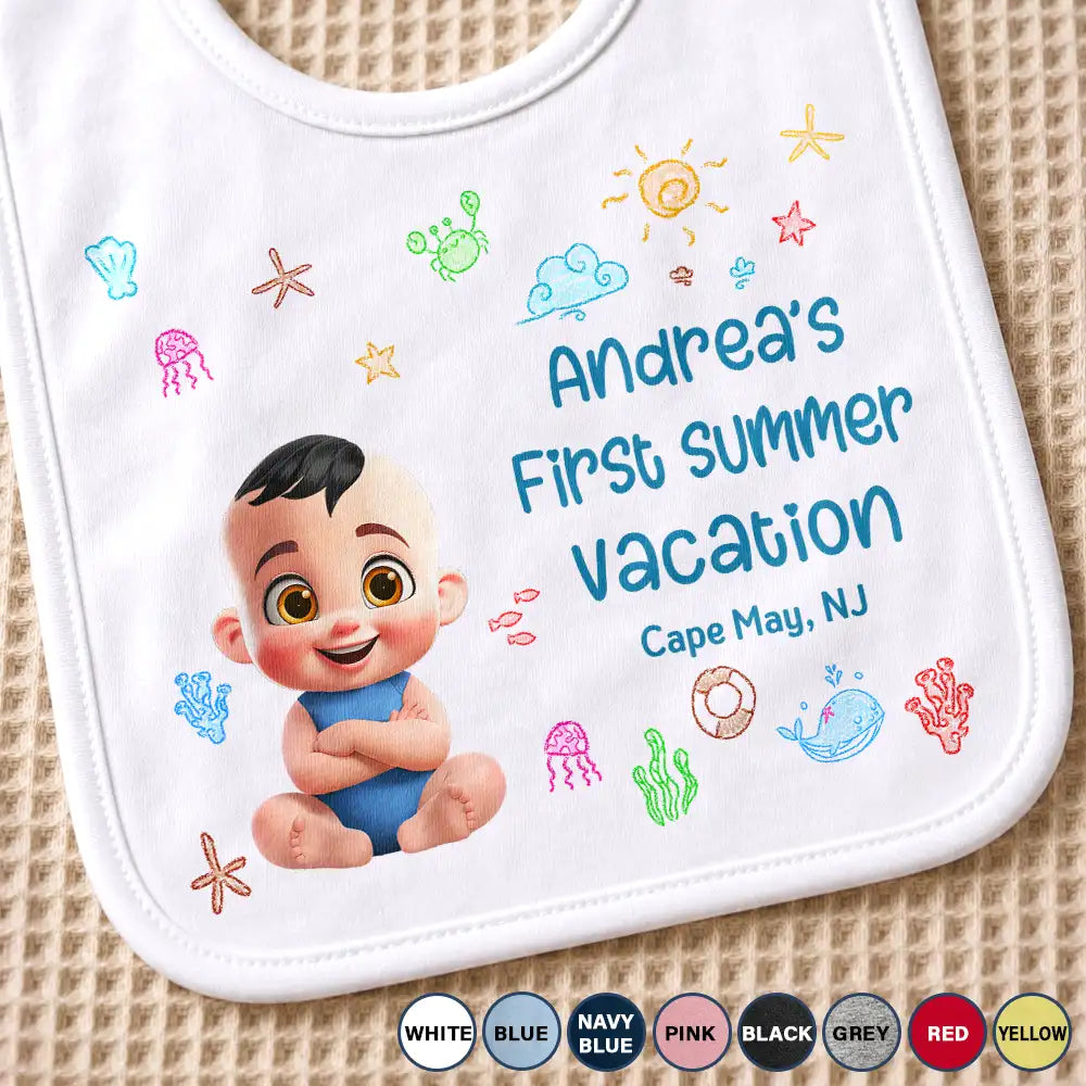 Baby First Beach Summer Vacation - Personalized Baby Bib