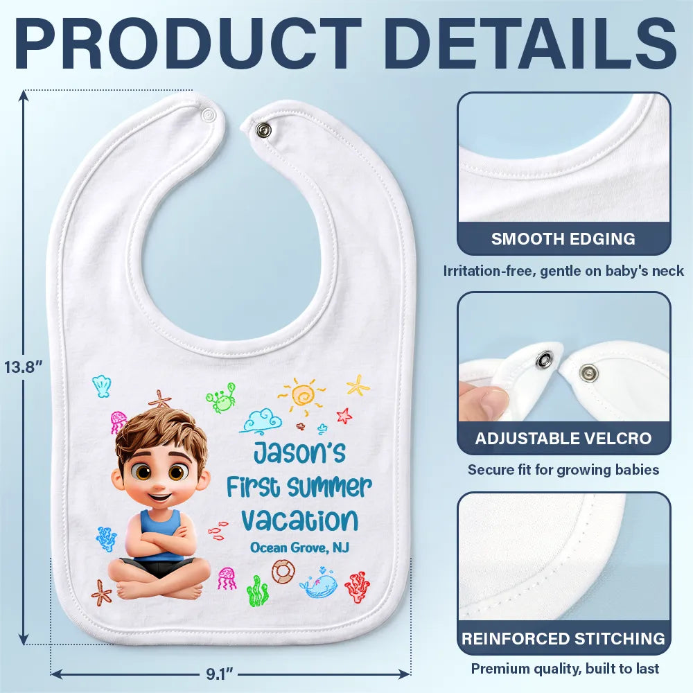 Baby First Beach Summer Vacation - Personalized Baby Bib