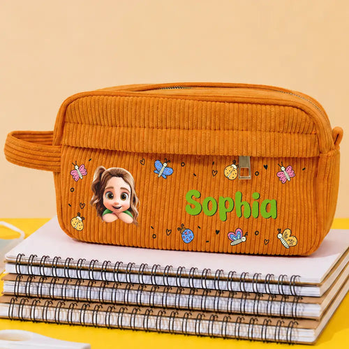 Back To School Kid's Name - Personalized Corduroy Pencil Case