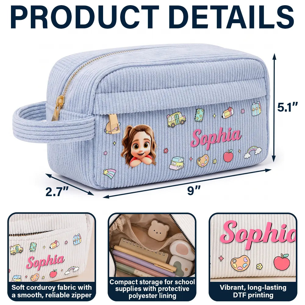 Back To School Kid's Name - Personalized Corduroy Pencil Case