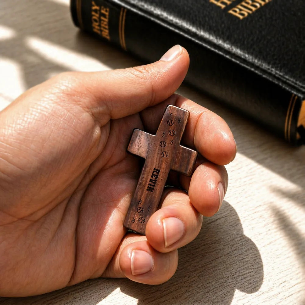 Baseball Keepsake With Name - Personalized Wooden Pocket Prayer Cross