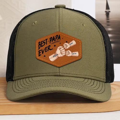 Best Dad Grandpa Papa Ever Fist Bump - Personalized Leather Patch Hat