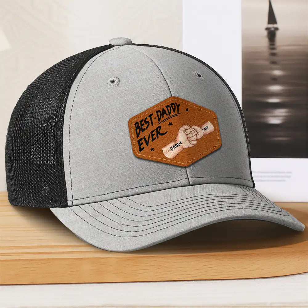 Best Dad Grandpa Papa Ever Fist Bump - Personalized Leather Patch Hat