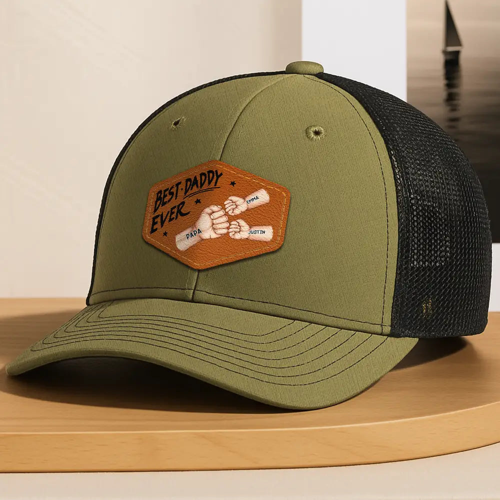 Best Dad Grandpa Papa Ever Fist Bump - Personalized Leather Patch Hat