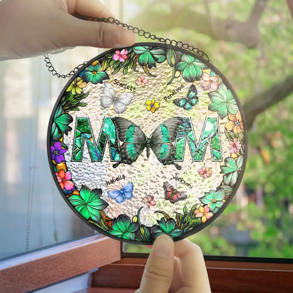 Birth Butterfly We Love You Mom - Personalized Stained Glass Window Hanging Suncatcher