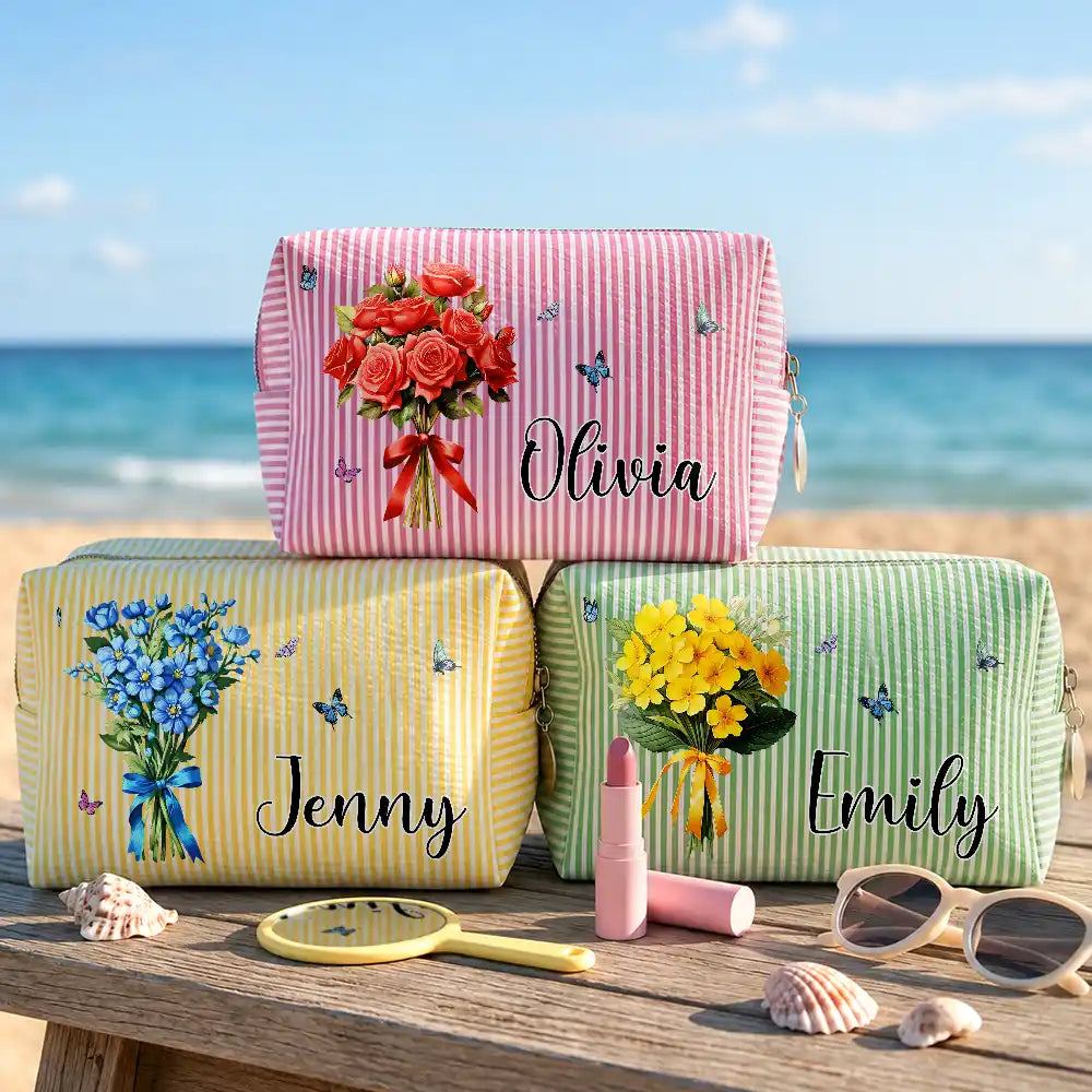 Birth Flower Bouquet - Personalized Striped Cosmetic Bag