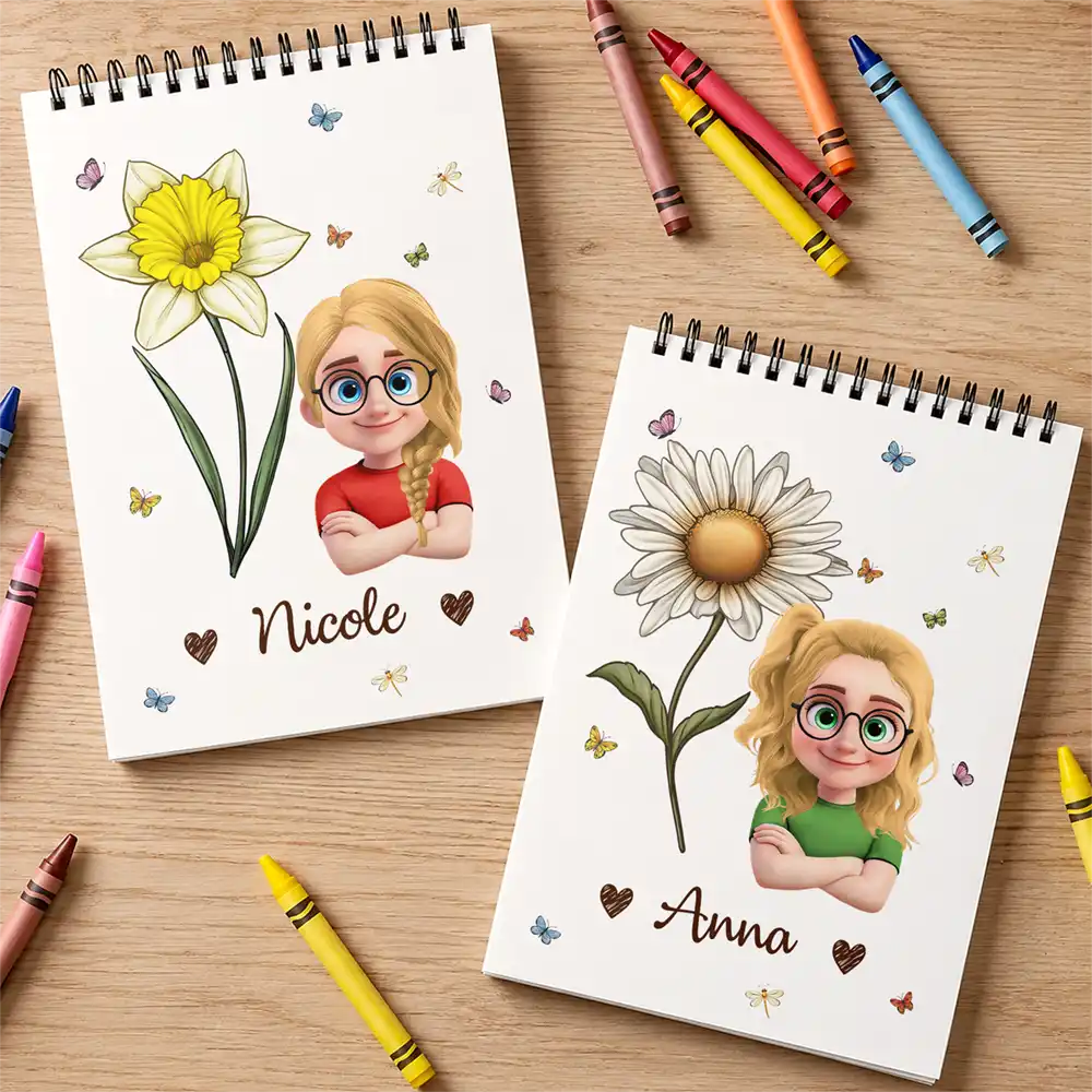 Birth Flower Cartoon Character For Kids, Sisters, Besties - Personalized Sketchbook