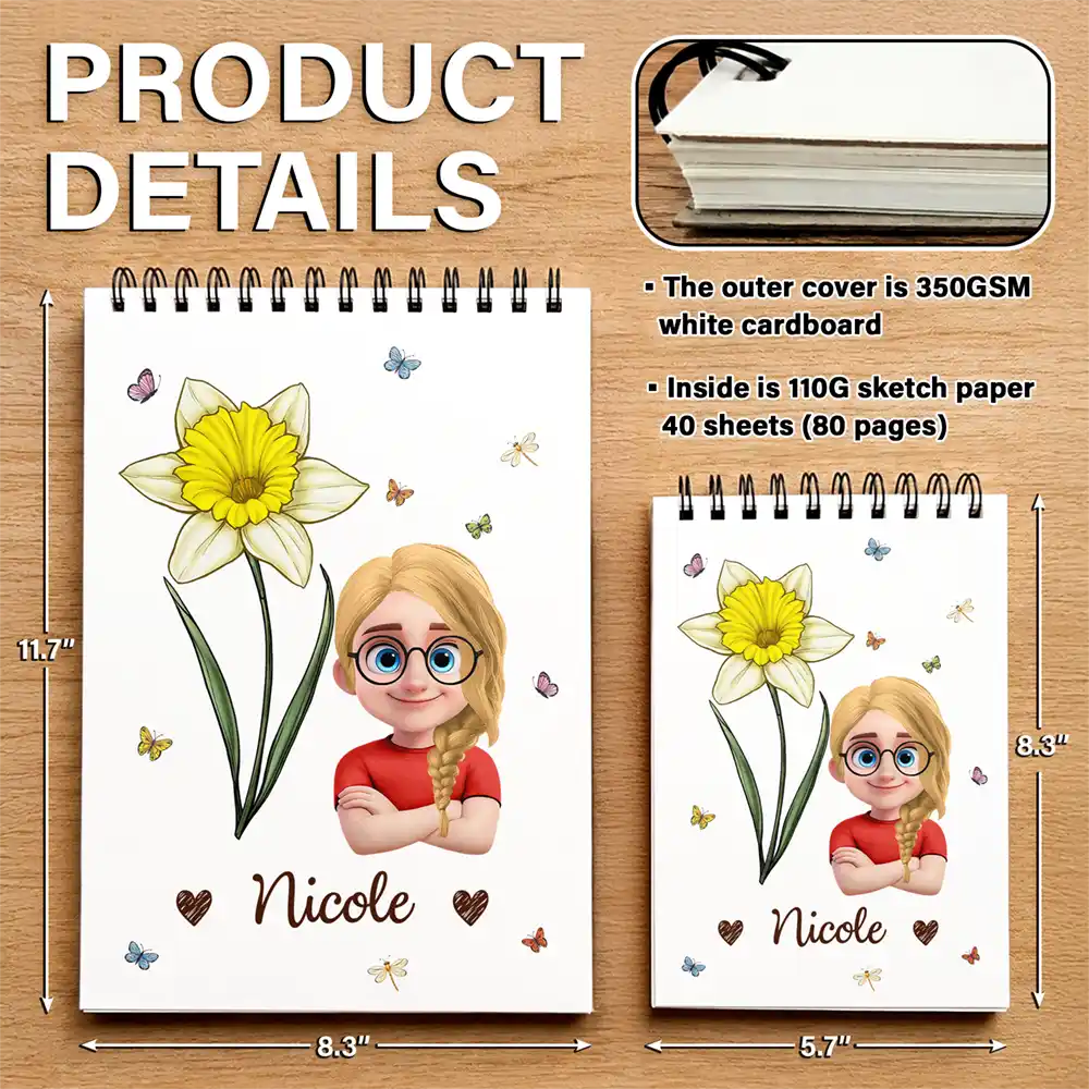 Birth Flower Cartoon Character For Kids, Sisters, Besties - Personalized Sketchbook