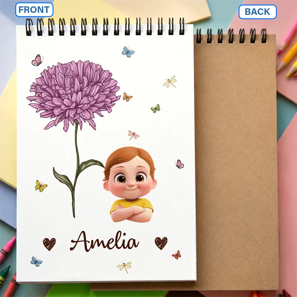 Birth Flower Cartoon Character For Kids, Sisters, Besties - Personalized Sketchbook