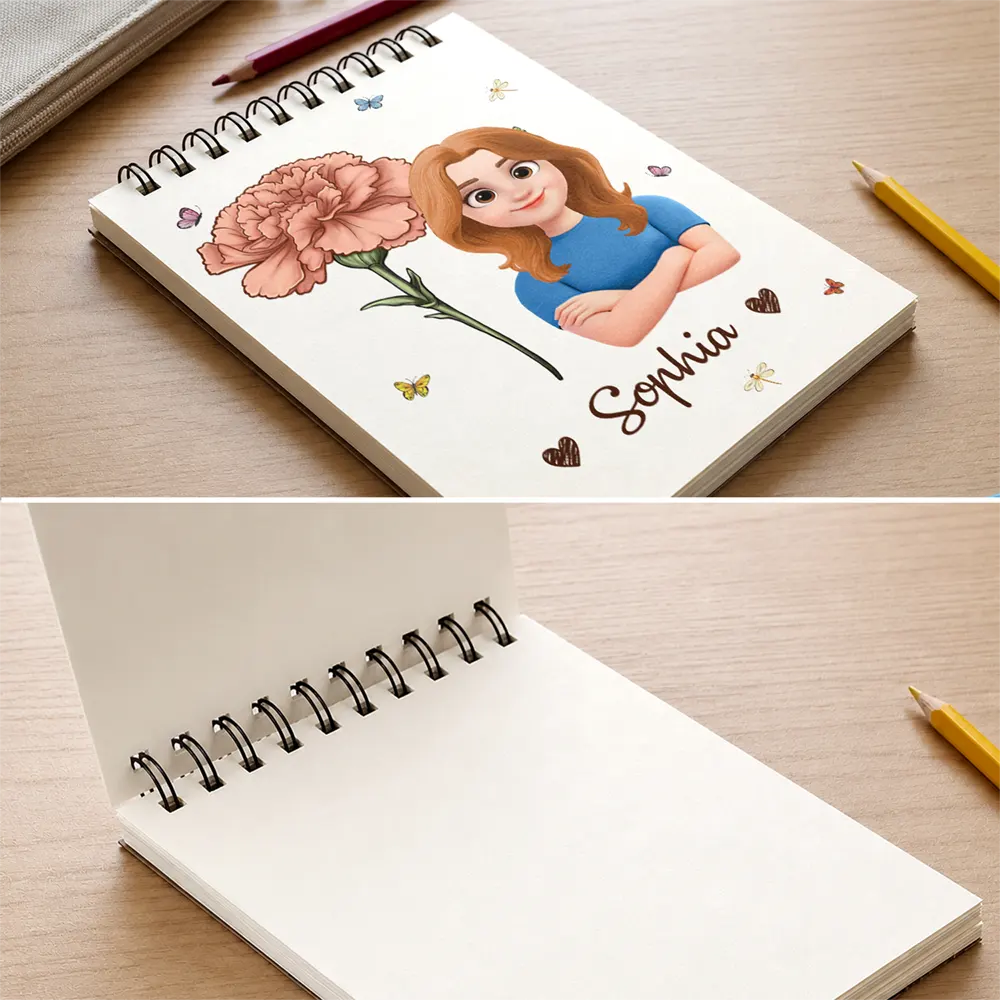 Birth Flower Cartoon Character For Kids, Sisters, Besties - Personalized Sketchbook