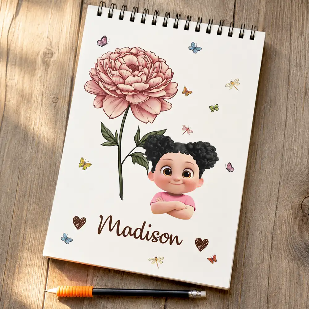 Birth Flower Cartoon Character For Kids, Sisters, Besties - Personalized Sketchbook