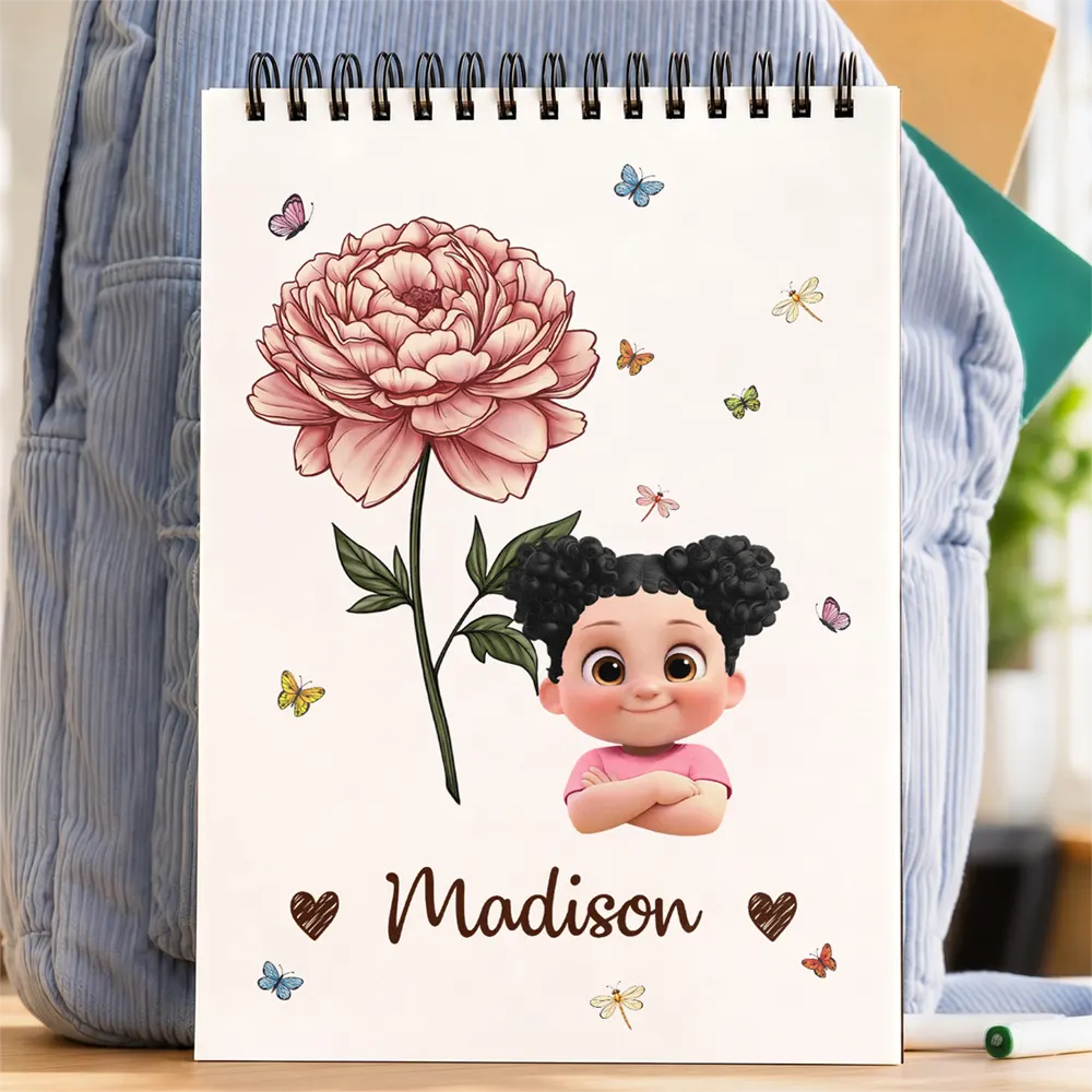 Birth Flower Cartoon Character For Kids, Sisters, Besties - Personalized Sketchbook