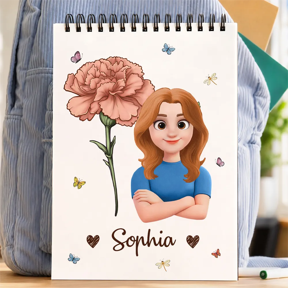 Birth Flower Cartoon Character For Kids, Sisters, Besties - Personalized Sketchbook