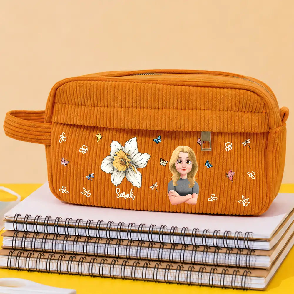 Birth Flower Custom Name Cartoon Character - Personalized Corduroy Pencil Case