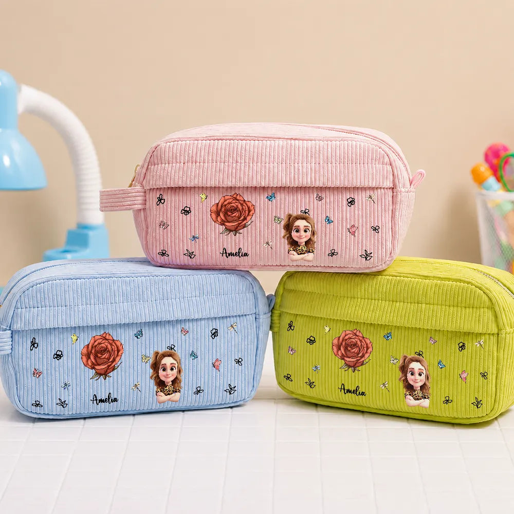 Birth Flower Custom Name Cartoon Character - Personalized Corduroy Pencil Case