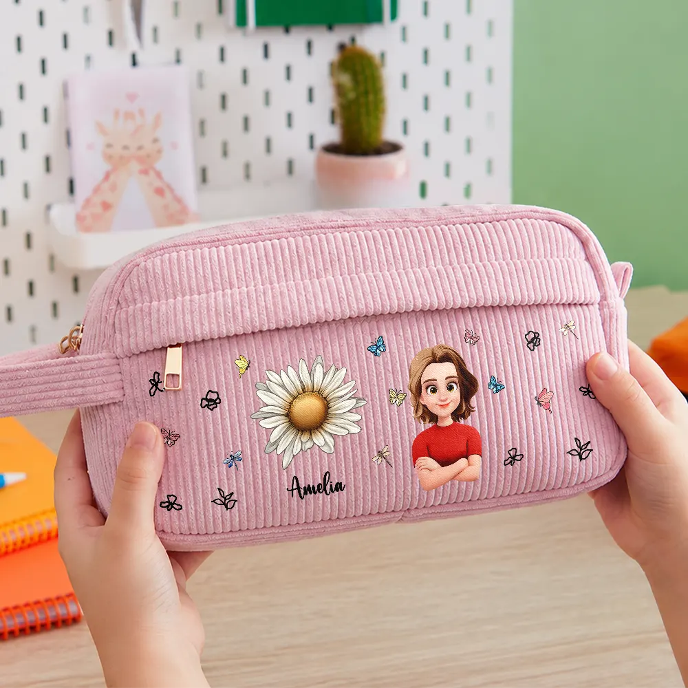 Birth Flower Custom Name Cartoon Character - Personalized Corduroy Pencil Case
