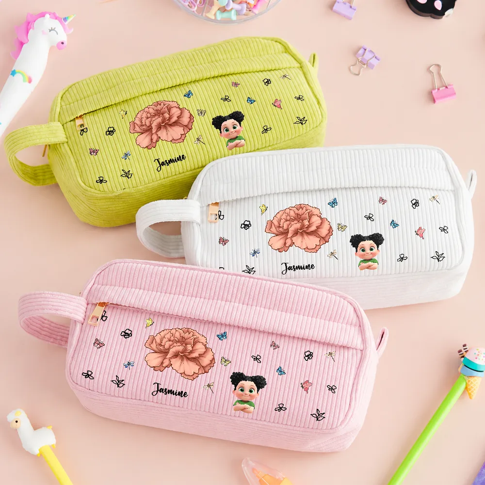 Birth Flower Custom Name Cartoon Character - Personalized Corduroy Pencil Case