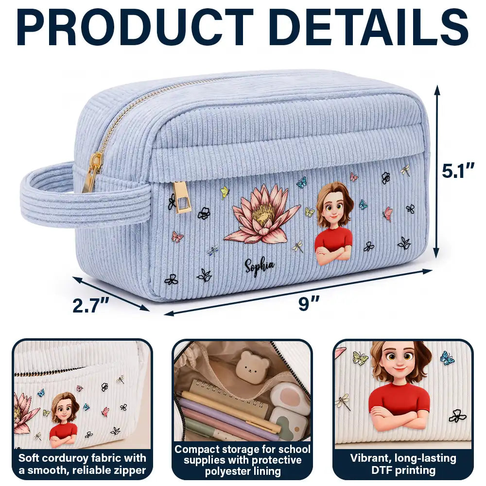 Birth Flower Custom Name Cartoon Character - Personalized Corduroy Pencil Case
