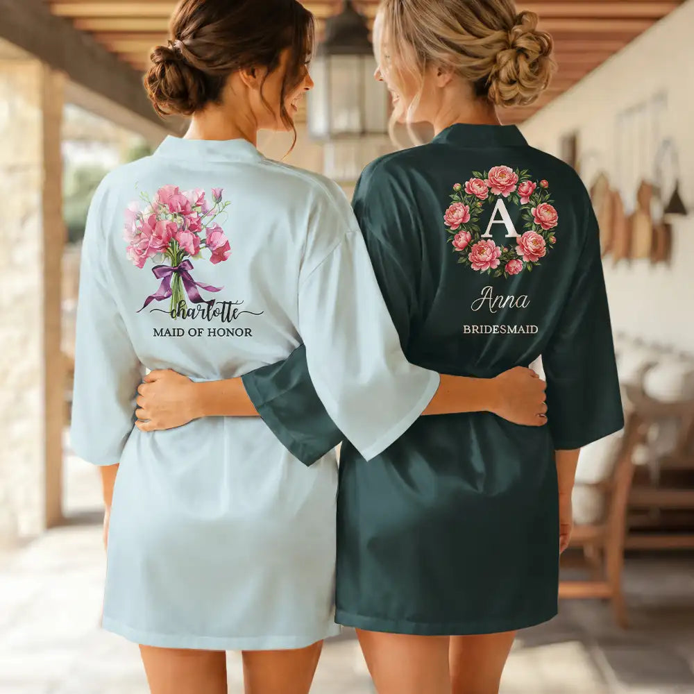 Birth Flower Custom Name For Her, Bridesmaids, Friends, Wife, Mom, Daughter - Personalized Satin Robe