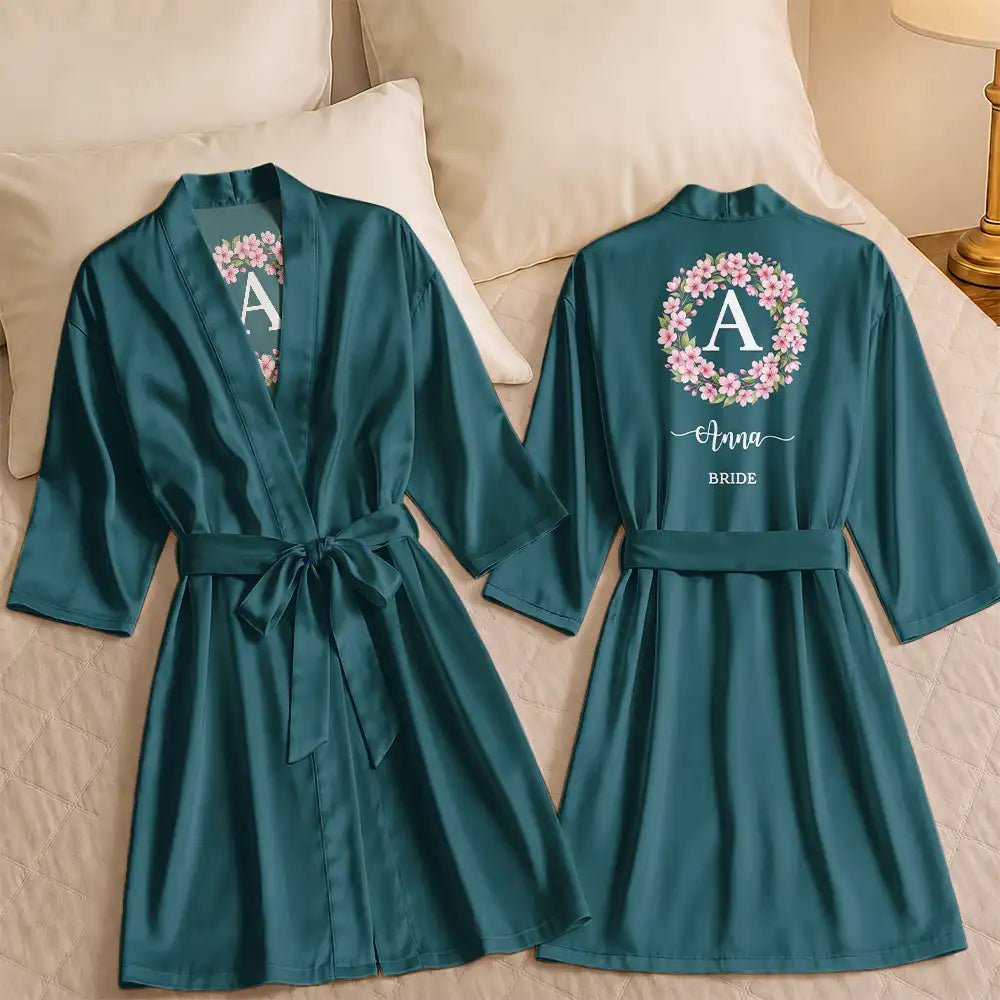 Birth Flower Custom Name For Her, Bridesmaids, Friends, Wife, Mom, Daughter - Personalized Satin Robe